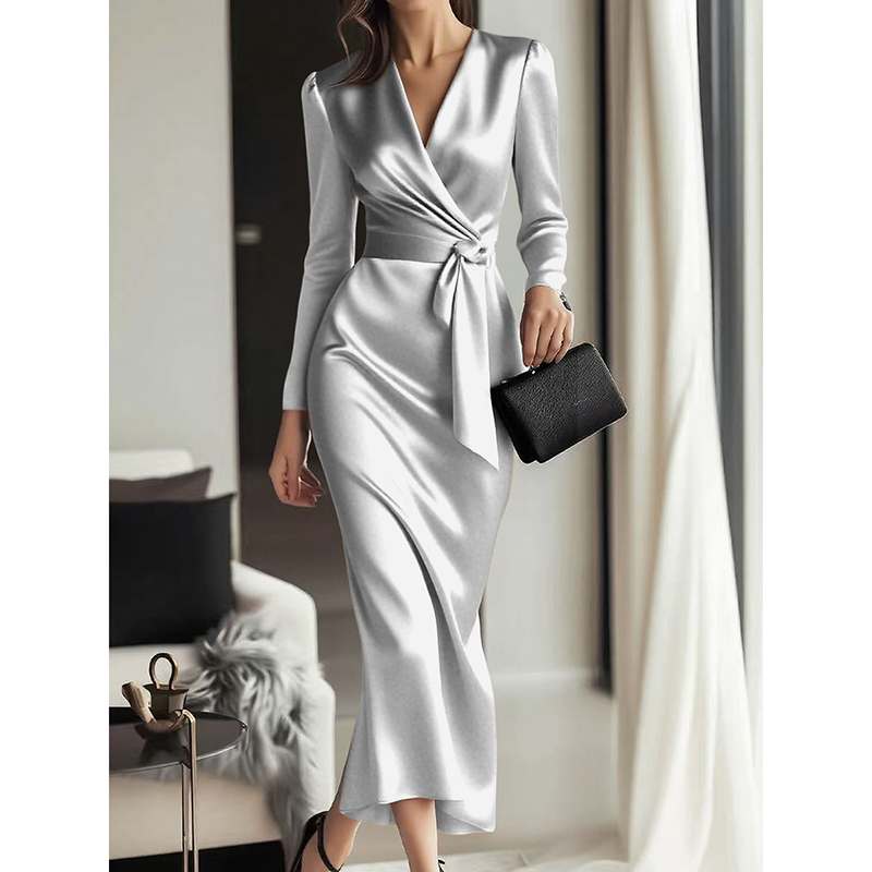 Women's Burgundy Satin Midi Dress Elegant V Neck Long Sleeve Bodycon Dress With Belted Waist Silver Gray - Shop at LoveMi