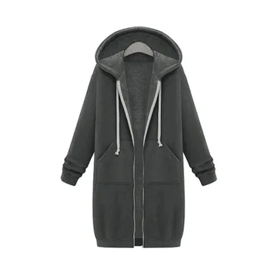 Hooded Long Sleeve Sweater Fleece Long Jacket Dark Grey - Shop at LoveMi