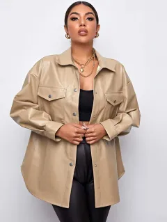 Autumn And Winter Loose Casual Street Shooting Long-sleeved Motorcycle Leather Jacket Women - Khaki - View 1