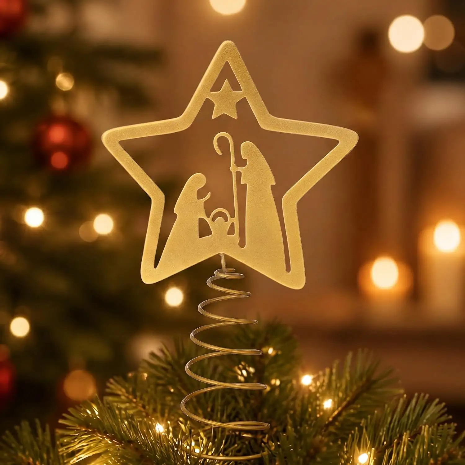 Nativity Christmas Tree Topper, Metal Star