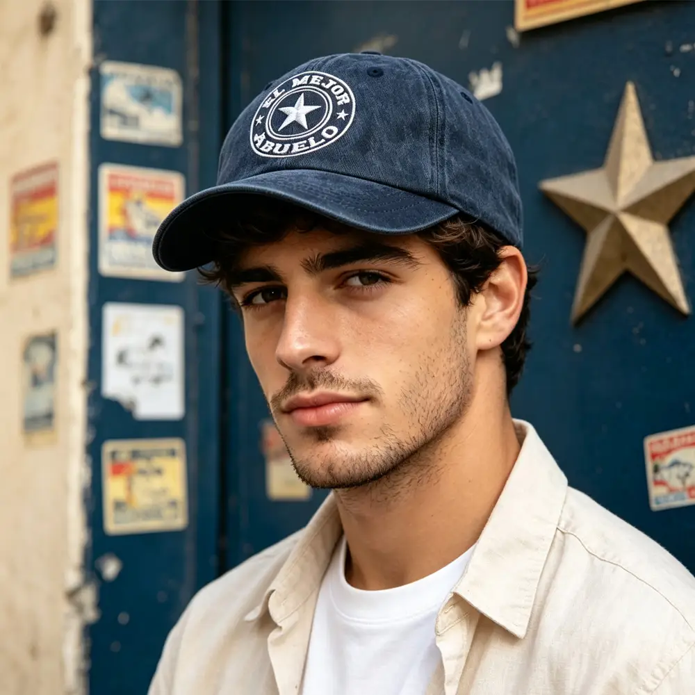 El Mejor Abuelo Washed Navy Baseball Cap, Embroidered Star Vintage Hat