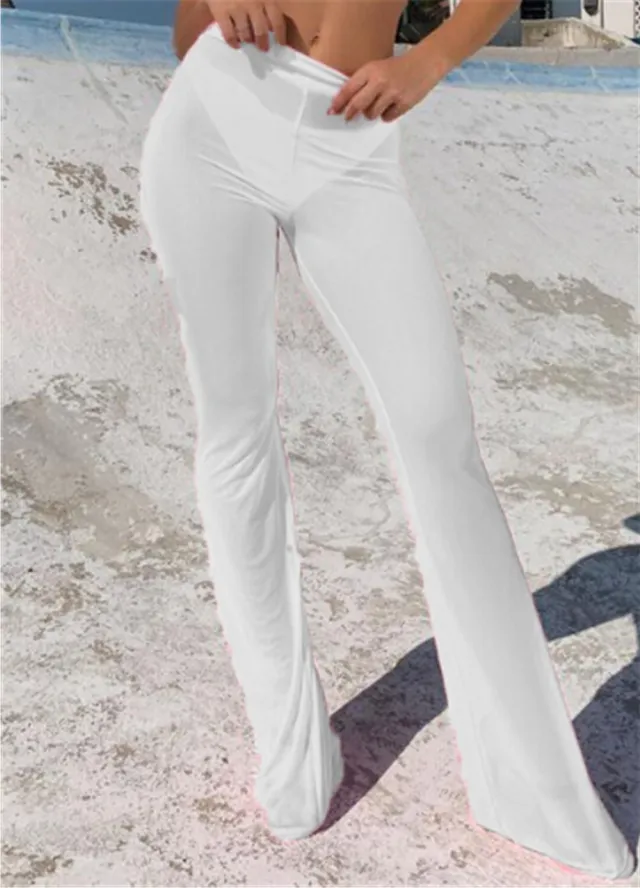 Ladies Mesh Wide Leg Flare Casual Pants White - Shop at LoveMi