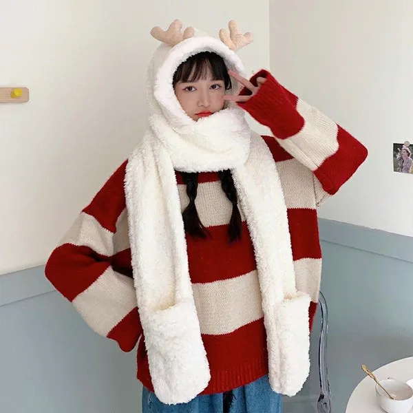Women's Autumn And Winter Cute Warm Plush Ear Protection Hat White - Shop at LoveMi