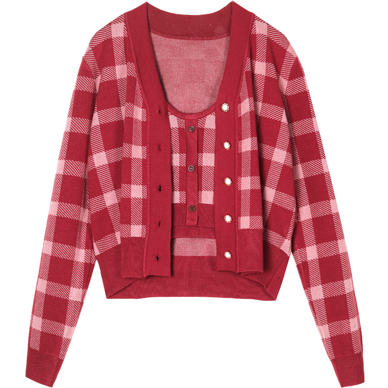 Women's Retro Checkered Sweater Camisole Set