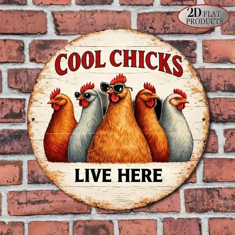 8x8in Retro Cool Chicken Round Sign Funny