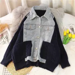 Large Size Women's Loose Denim Jacket Thickened Sweater Knitted Cardigan - Black - View 1