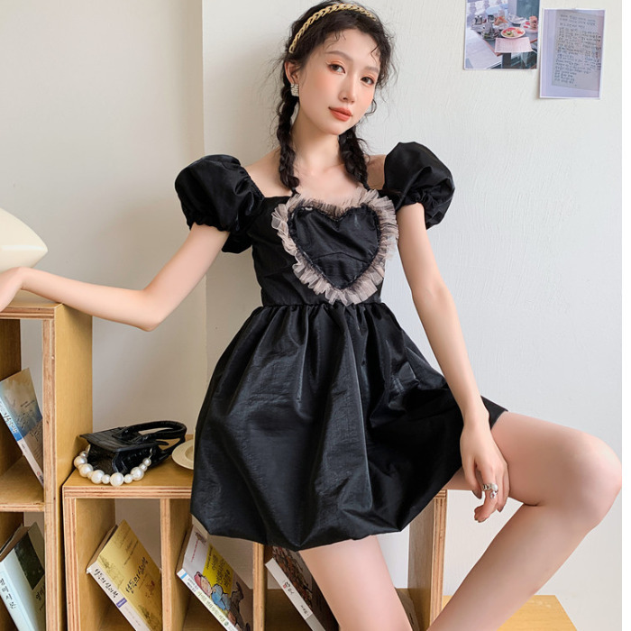 Solid Color Fashion Ladies Fashion Love Lace Puff Dress