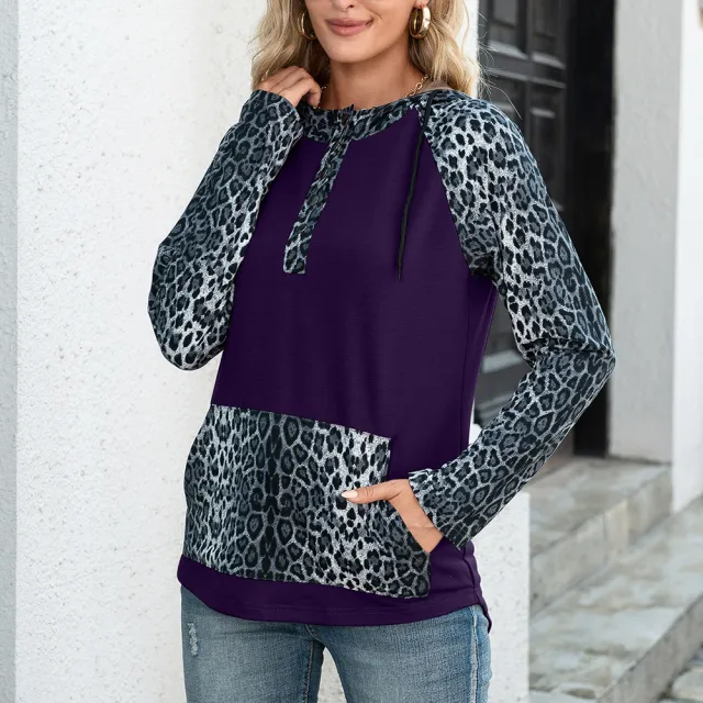 Leopard Print Patchwork Contrast Color Hooded Long Sleeve Sweater Top Women Purple - Shop at LoveMi