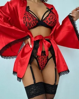 Three piece High Elastic Sexy Pajamas European And American See through Dress Printed Slip Nightdress Red - Shop at LoveMi