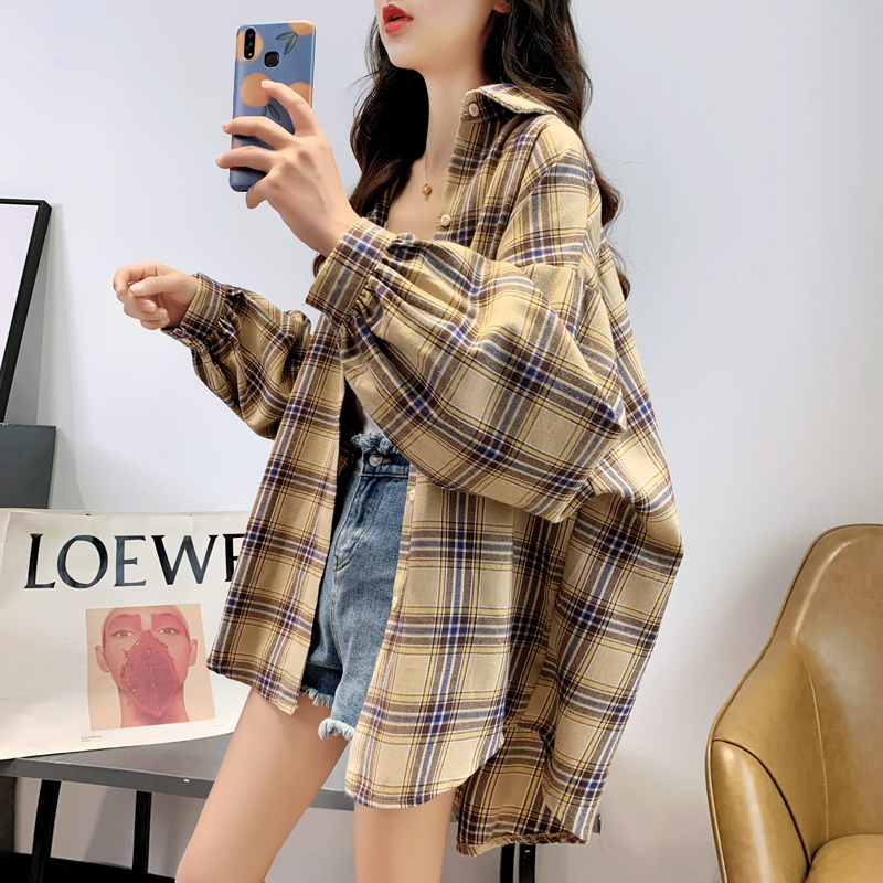 Spring And Autumn Mid-length Loose Plaid Shirt