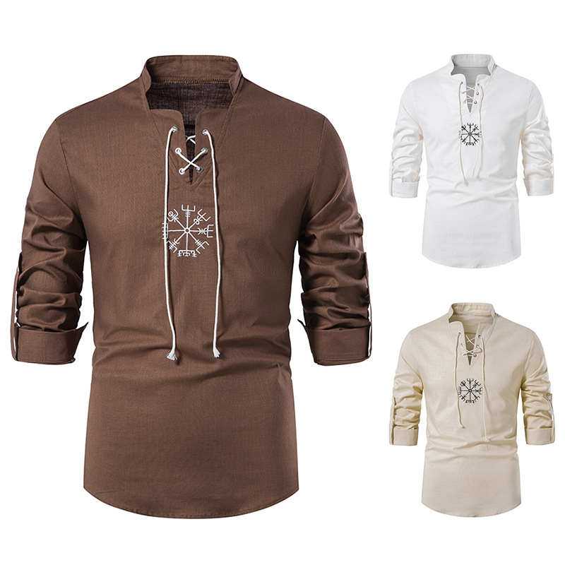 Men's Cotton Linen Shirts Long Sleeve Solid Color - 57