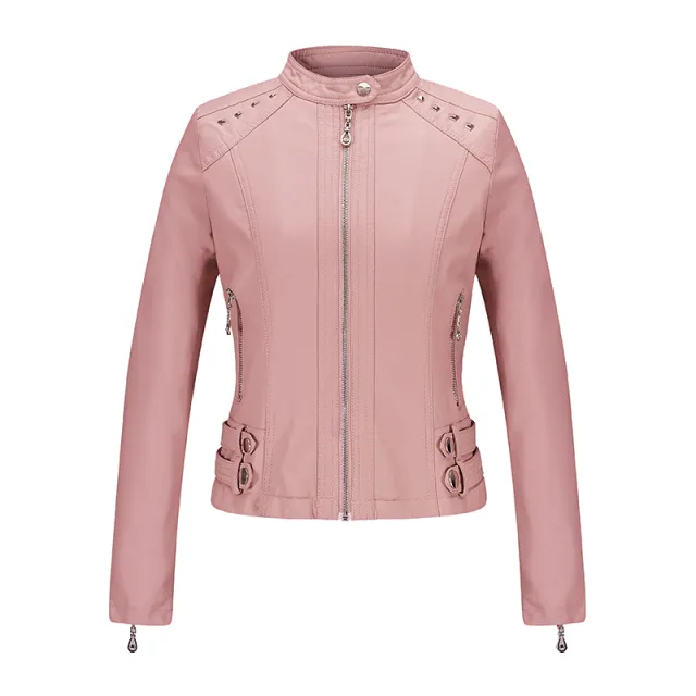 Ladies Spring And Autumn Black Temperament Commuter Zipper Jacket Pink - Shop at LoveMi