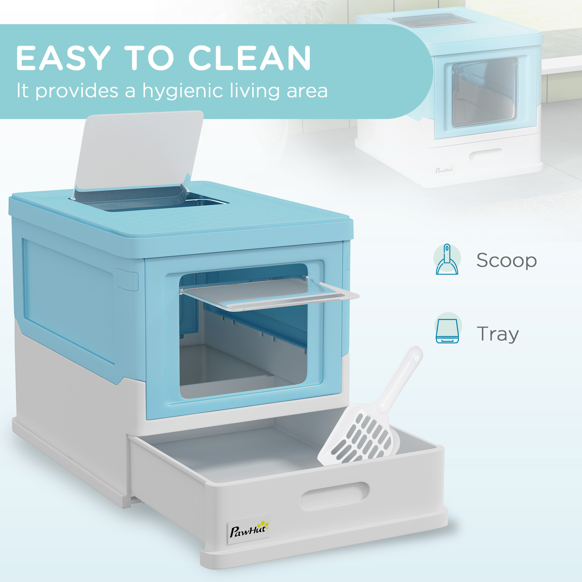 Hooded Cat Litter Box, Portable Pet Toilet, With Scoop, Front Entry - Light Blue — image 9