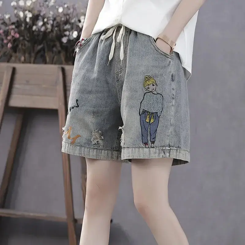 Elastic Waist Ripped Embroidered Vintage Straight Pants