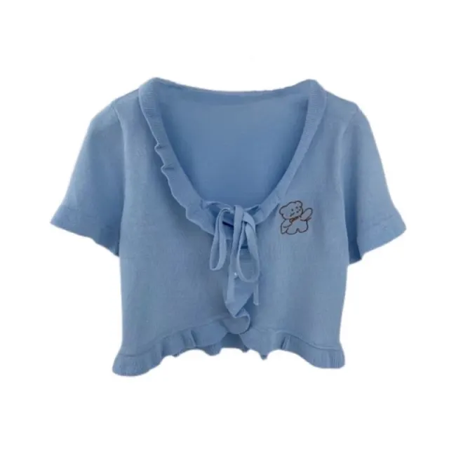 Cute Bear Embroidered Ruffled Soft Knitted Short sleeved Crop Top Blue - Shop at LoveMi