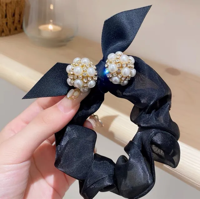 Beaded Rope Bowknot Rubber Band Large Intestine Ring Black - Shop at LoveMi