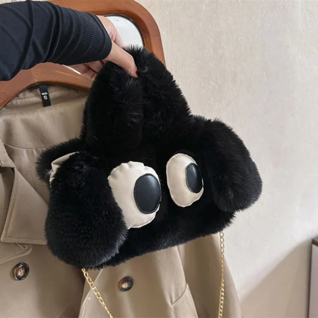 Cute Cartoon Big Eyes Dog Plush Bags For Women Winter Fashion Chains Handbags Designer Personalized Shoulder Crossbody Bag Black - Shop at LoveMi