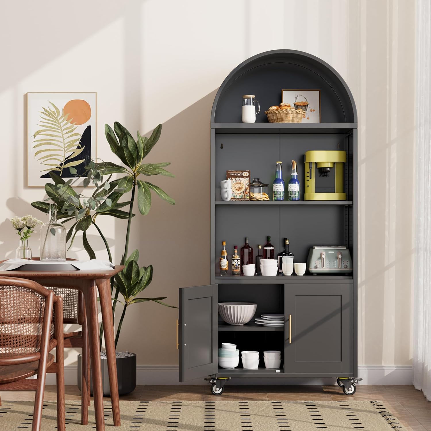 Modern Arched Metal Bookcase with Wheels – Freestanding Black Storage Shelf - Image 1