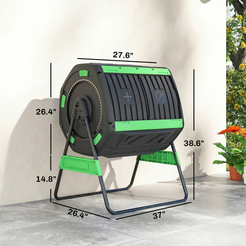 Compost Bin Outdoor, 53 Gal Dual Chamber Tumbling Composter With Adjustable Vents, BPA Free Tumbling Composter, Green
