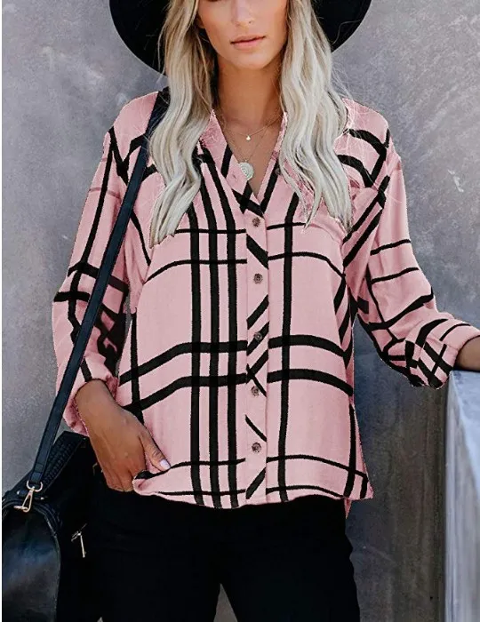 European And American Lapel Casual Long Sleeve Plaid Printed Lining Pink - Shop at LoveMi