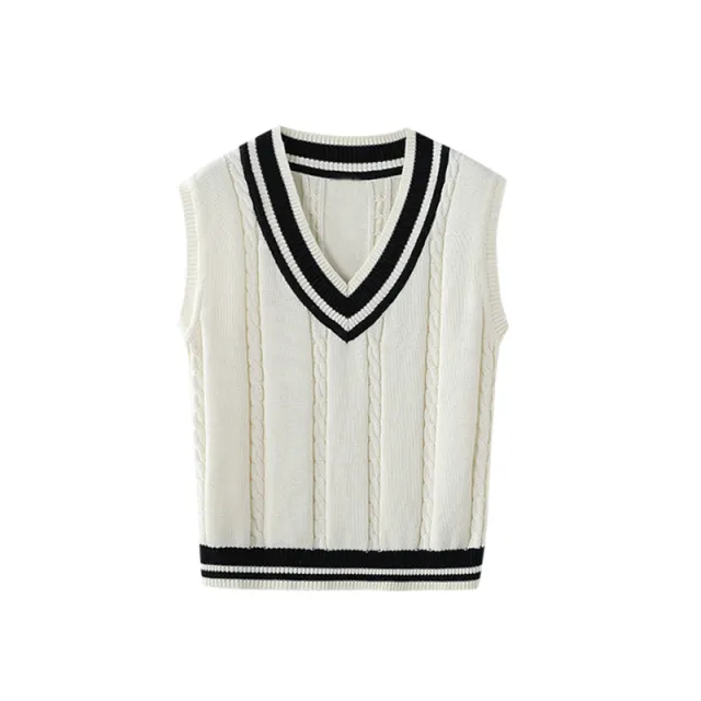 Vintage College Style V neck Sweater Vest Women's Bottom White - Shop at LoveMi