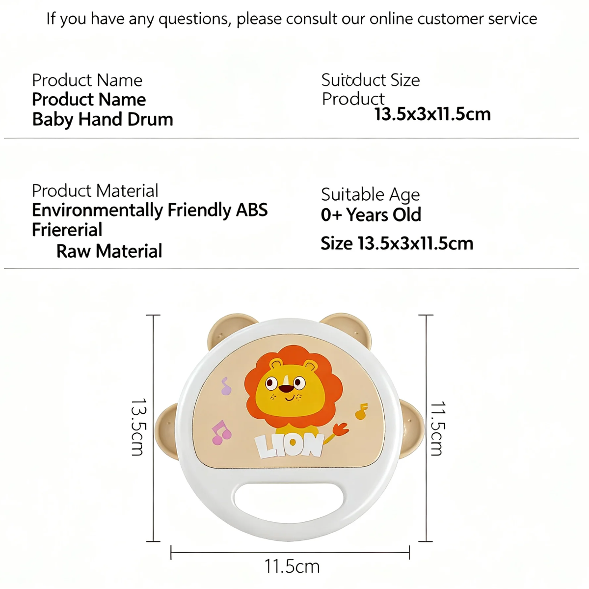 Baby Tambourine Musical Toy, Lion Hand Drum Percussion Instrument With Jingles, Early Educational Orff Toy For Infants Toddlers, BPA-Free ABS Material