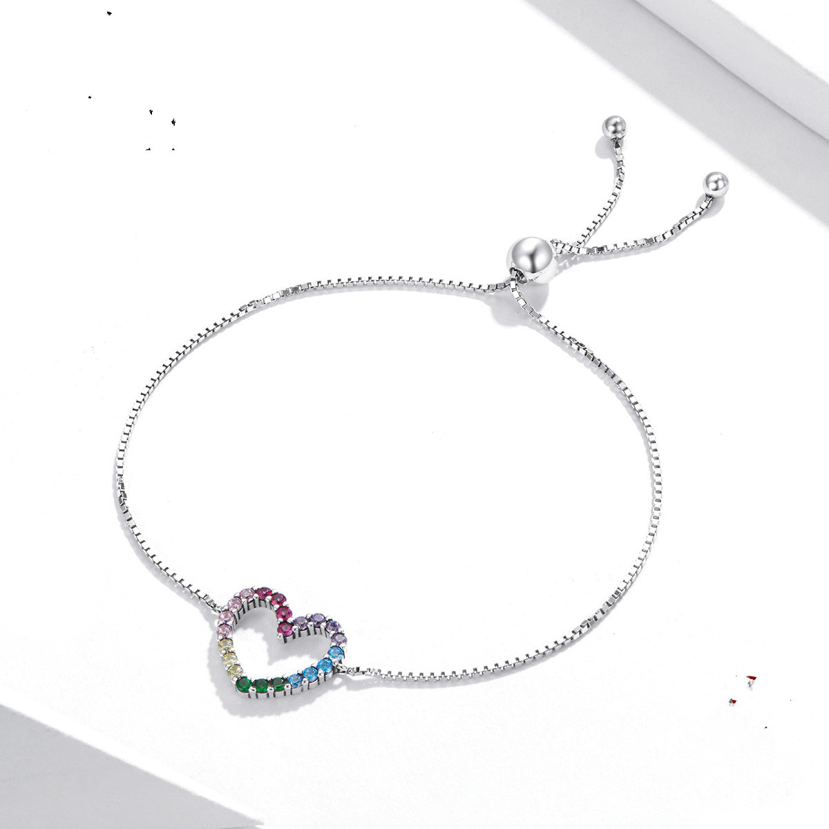 Sterling Silver Colorful Heart Love Bracelet Adjustable Rainbow Bracelet