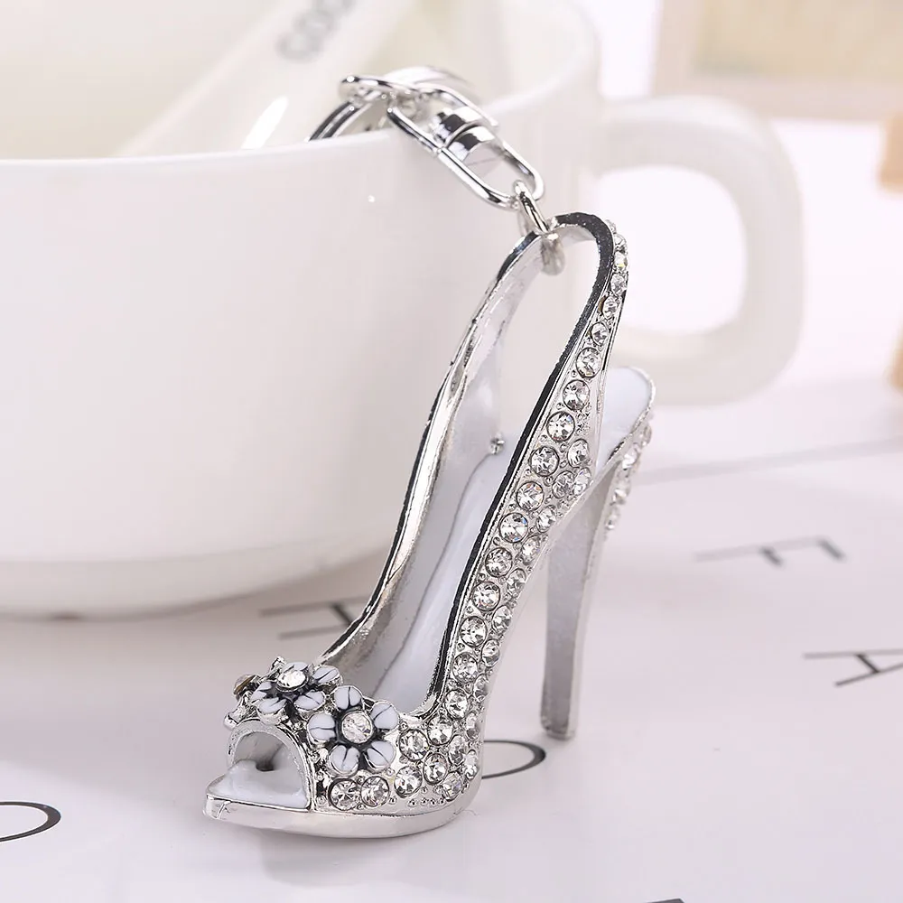 Fashion Diamond-studded High Heels Shape Keychain - Silver White