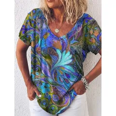 Summer Popular Floral Print Short-sleeved V-neck T-shirt For Women - View 1
