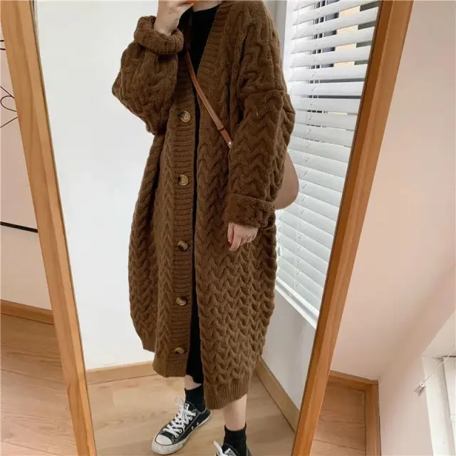 Loose Casual Mid Length Solid Color Sweater Cardigan Brown - Shop at LoveMi