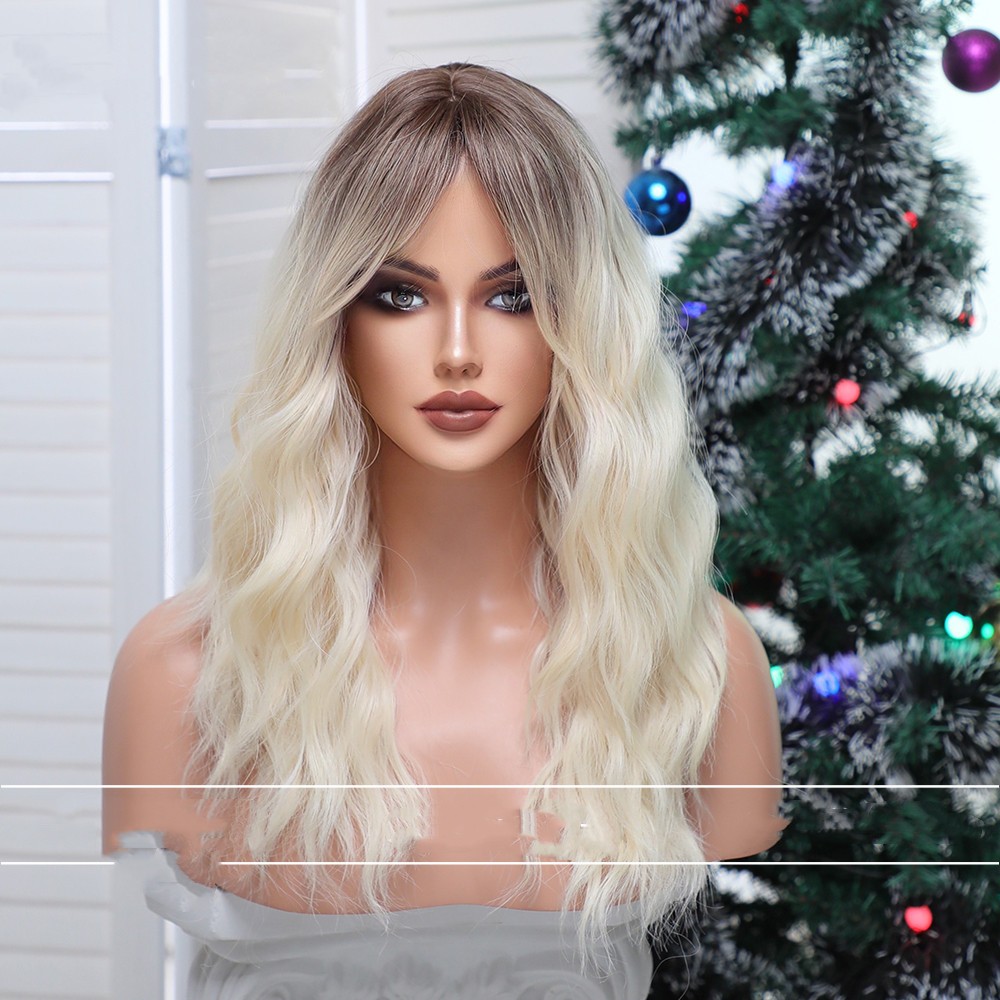 Qi Bangs Gradual Blonde Brown Long Curly Wig Female White Gold - Shop at LoveMi