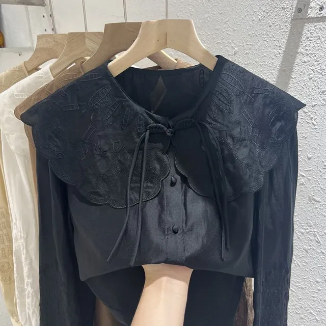 Doll Collar Laced Buttons Solid Color Long sleeved Shirt Female Black - Shop at LoveMi