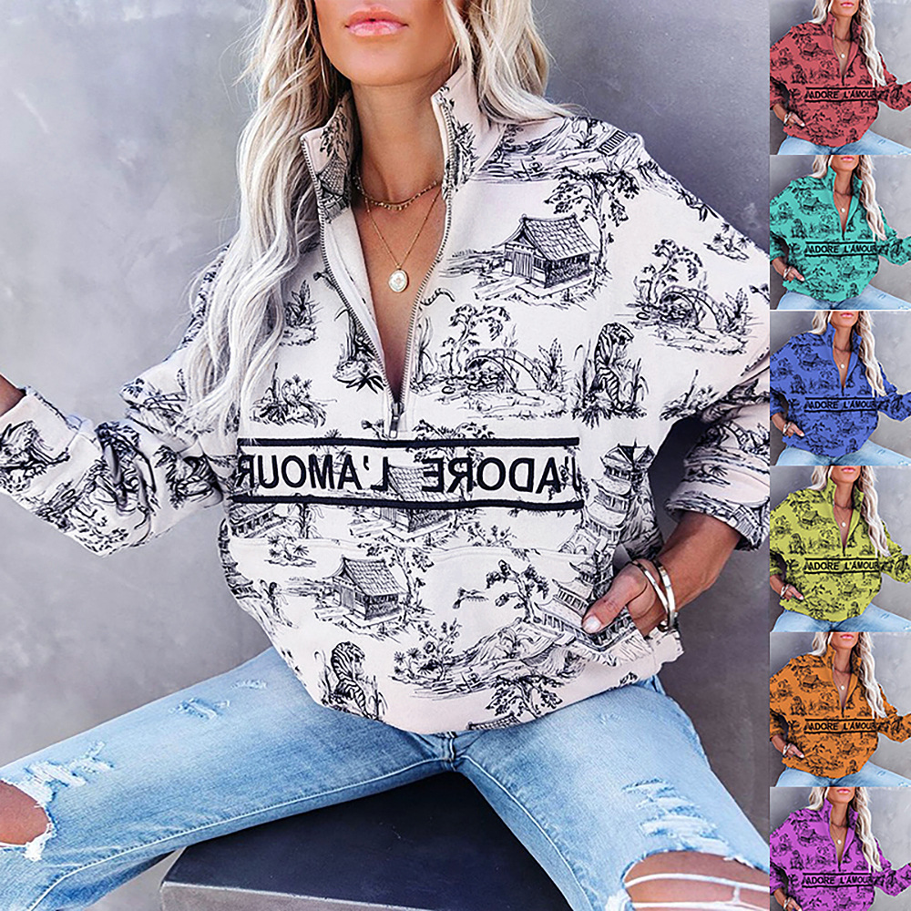 Long-Sleeved Loose Casual Printed Pullover Zipper Sweater