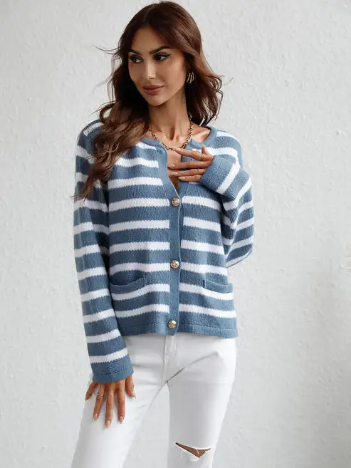 Striped Women's Single breasted Cardigan Sweater Blue - Shop at LoveMi
