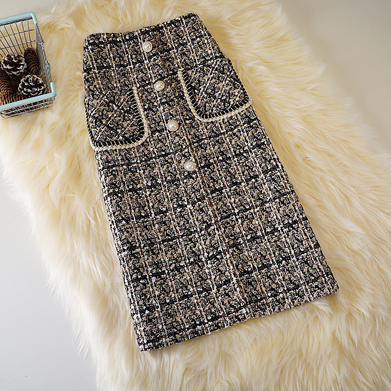High Waist Slim Woolen Plaid Skirt