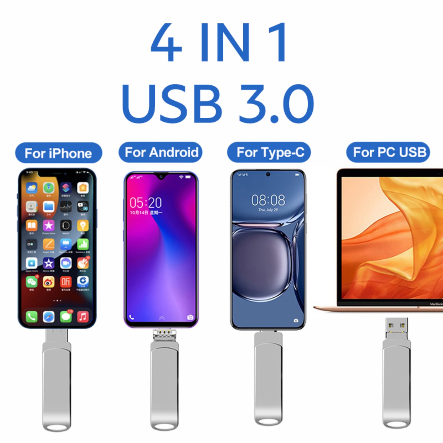 2TB USB 3.0 Drive Stick 4in1 Type C OTG For Android PC UK New