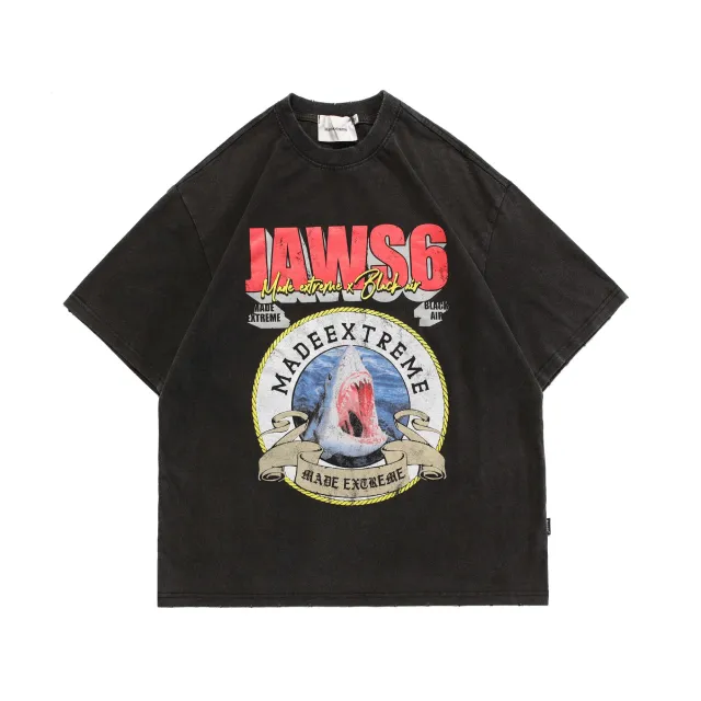 Street Vintage Shark Print Washed Distressed Short Sleeves Black - Shop at LoveMi