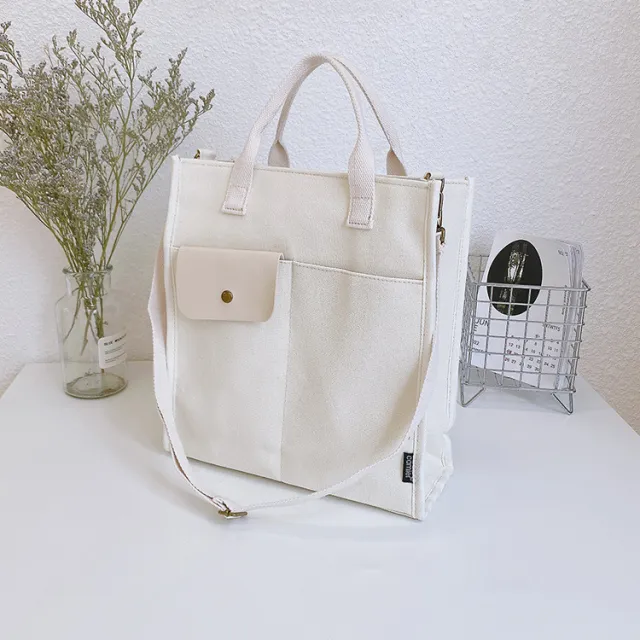 Hand held One shoulder Canvas Tote Bag Beige - Shop at LoveMi