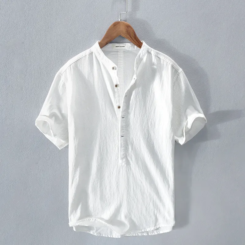 Men's Stand Collar Japanese Ice Silk Linen Short Sleeve