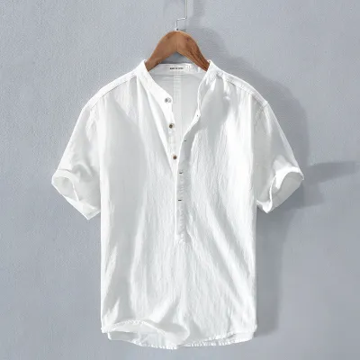 Men's Stand Collar Japanese Ice Silk Linen Short Sleeve T-shirt