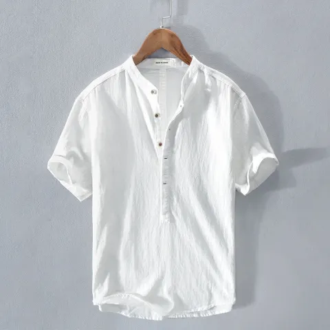 Men's Stand Collar Japanese Ice Silk Linen Short Sleeve