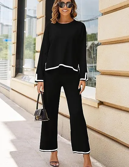 Women's Long Sleeve Knit Sweater Top Wide Leg Pants Casual Set Black - Shop at LoveMi