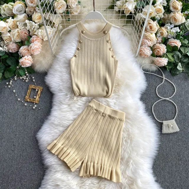 Short Waist Trousers Camisole Vest Off the shoulder Sling All match High knit Suit Apricot - Shop at LoveMi