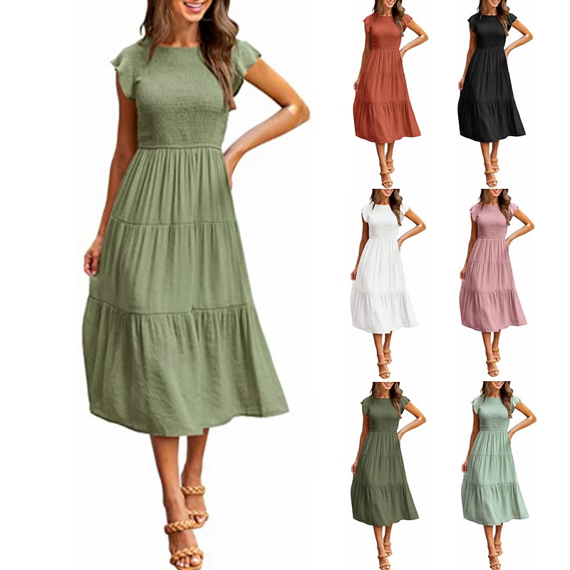 Gathered Layered Short Sleeve Swing Dress