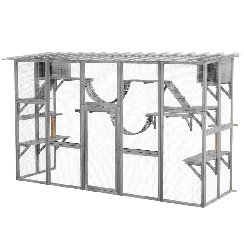 Playground Cat Window Box Outside Enclosure For Multiple Cats W Shelves & Bridges, Gray