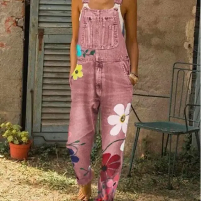 Denim overalls printed washed denim overalls Pink - Shop at LoveMi