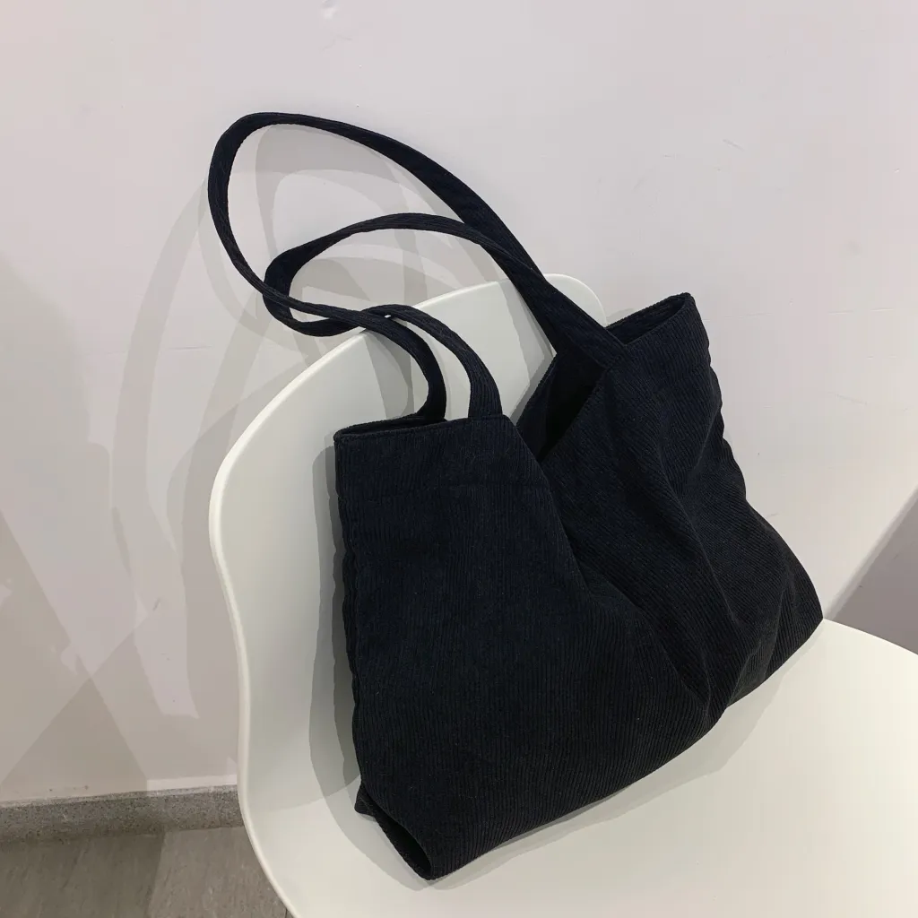Corduroy Shopper Womens Bag Tote Bag Girls Handbag Female Shoulder Bags Casual Wallets Large Capacity Canvas Bag Schoolbag - Black