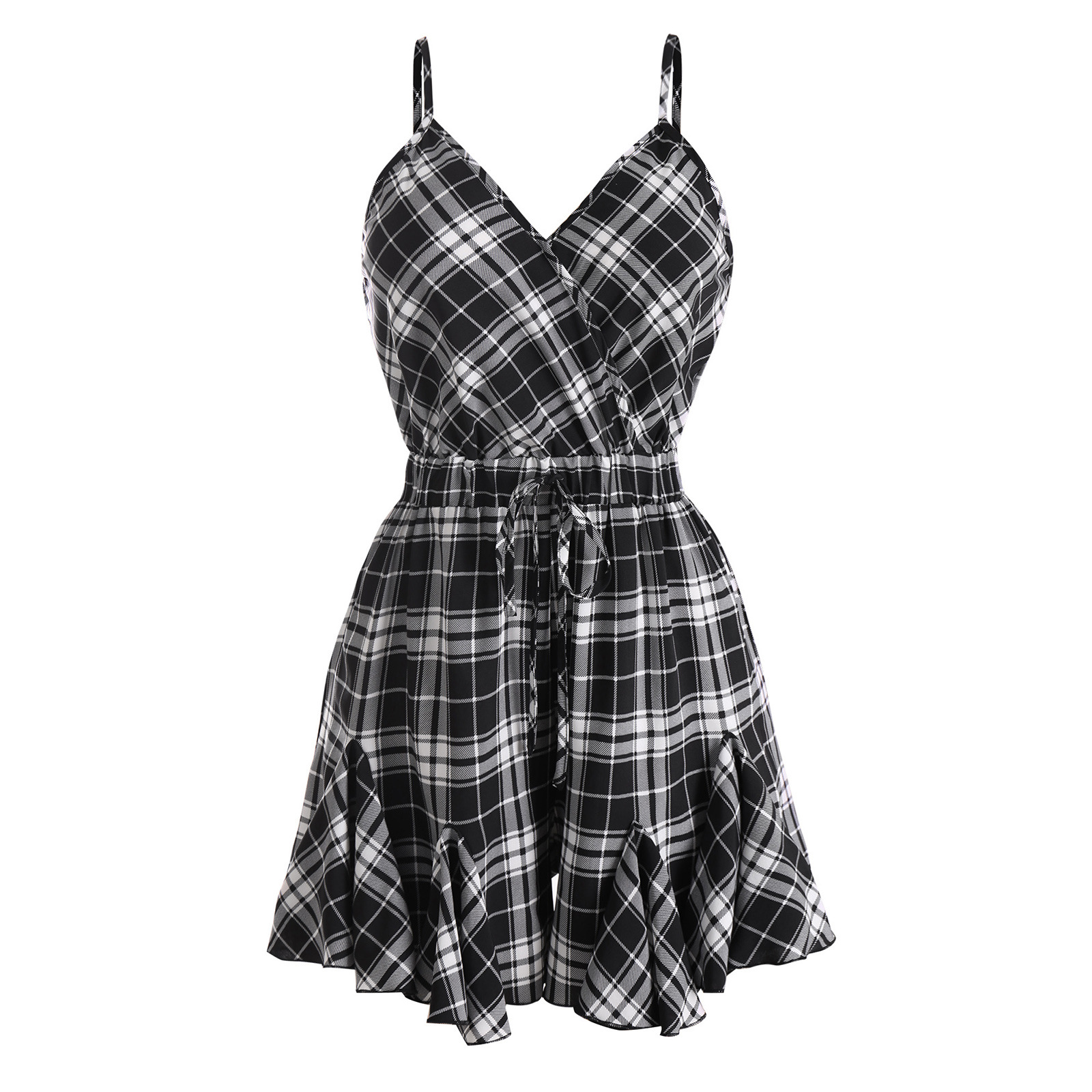European And American Plaid Slim Suspender Stitching Jumpsuit