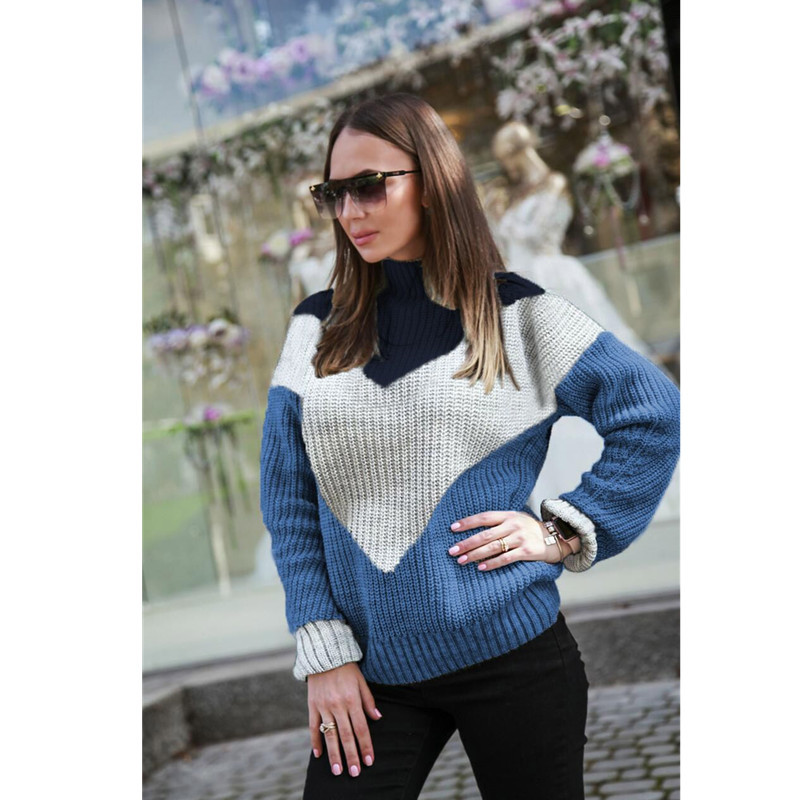 Casual Solid Color Stitching Long Sleeved Knitted Sweater