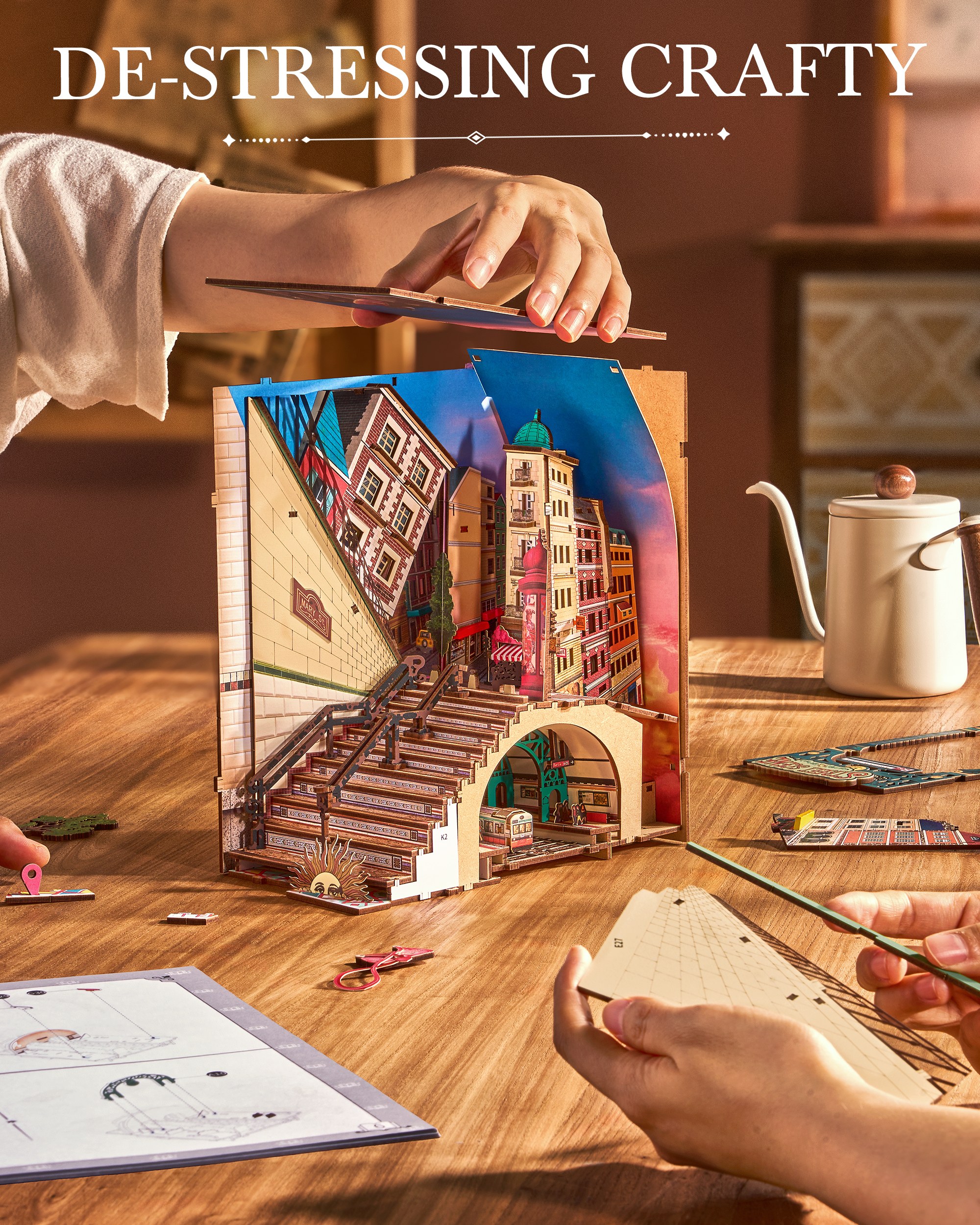 Rolife Urban Street Scene Bookend Set - 3D Subway Scene, 3D Puzzle Set With LED Lights, 196 Wooden Puzzle Pieces, Bookshelf Decoration With Dust Cover, Modern Urban 3D Model Gift